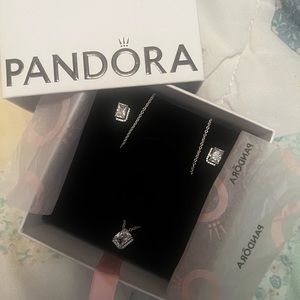 Rectangular Sparkling Halo Stud Earrings and Necklace Set